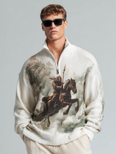 Men's zipped stand-up collar knitted knight print top